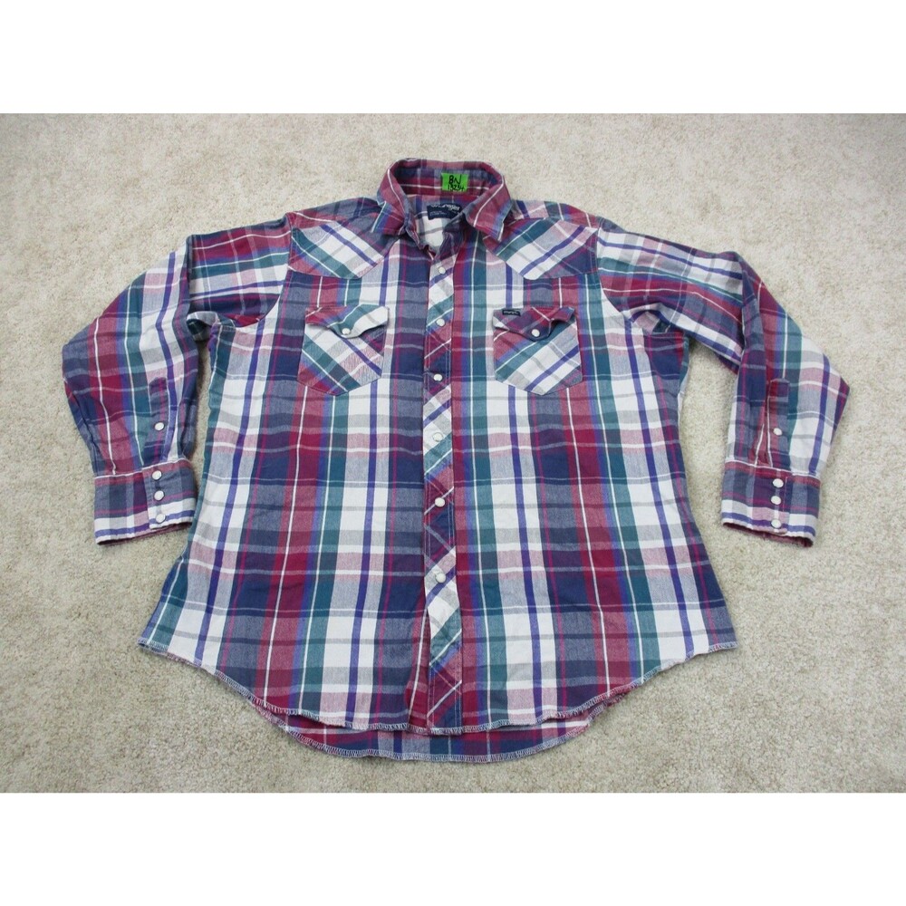 VINTAGE Wrangler Shirt Mens 17.5 36 Red Western Pearl Snap